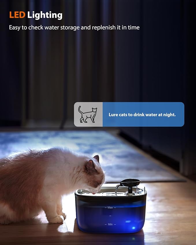 Stouchi Cat Water Fountain 85oz/2.5L, Stainless Steel Pet Water Fountain for Cats Dogs Inside with Led Light, Ultra-Quiet Cat Water Dispenser Bowl, Cat Waterer Fountain for Multiple Pets, Black - PAWPICO