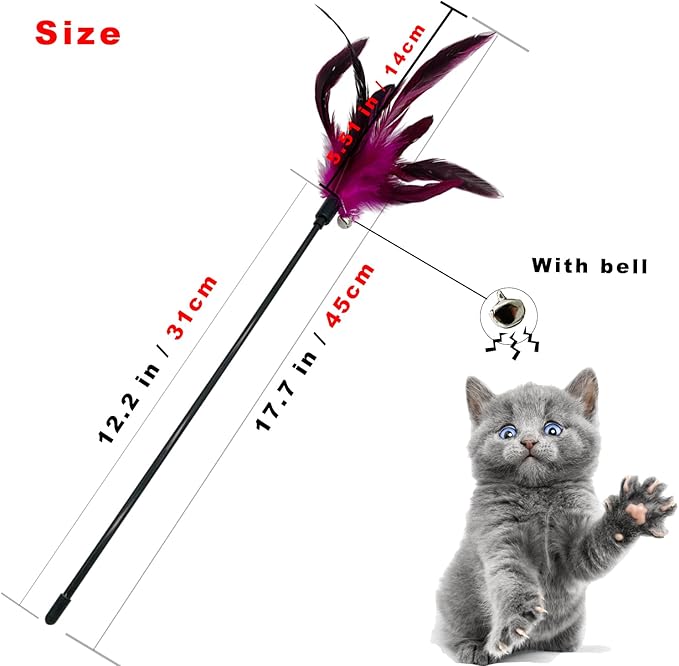 Cat Wand Toy Feather Stick Cat Toys, 6 PCS Cat Feathers Wand Toy, Interactive Cat Toy Feather Wand for Indoor Cats - PAWPICO
