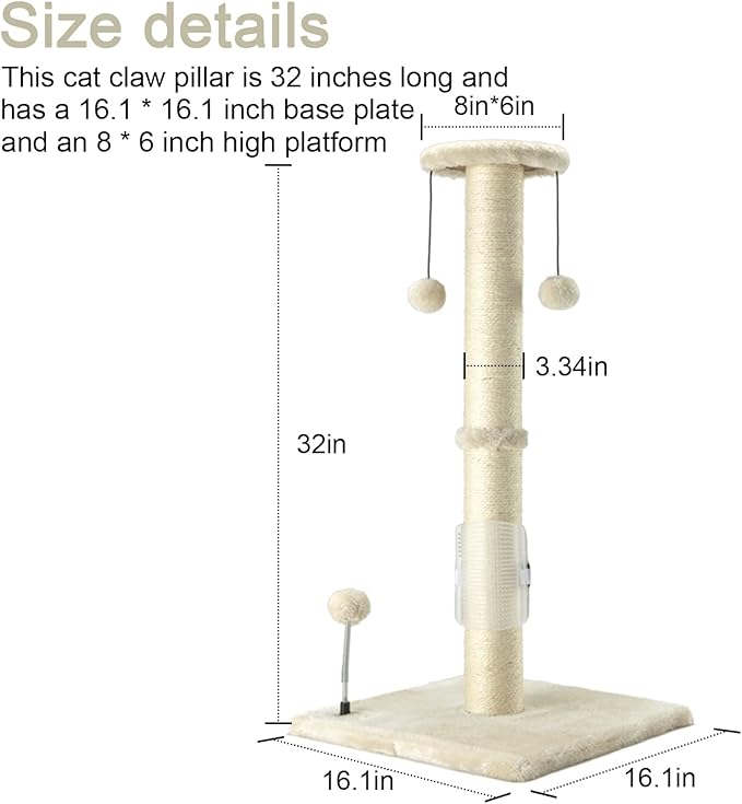 PEEKAB 32" Tall Cat Scratching Post Sisal Rope Scratch Posts with Hanging Ball and Self-Massage Brush Vertical Scratcher for Indoor Cats and Kittens(Beige 32inches) - PAWPICO