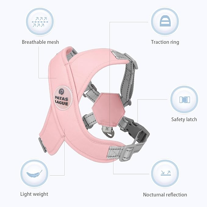 Patas Lague Dog Harness with Leash Set Adjustable Soft Padded Step-in Dog Vest No Choke No Pull Reflective for Small Medium Pets with Poop Bags and Dispenser, Solid and No-chew, Pink S PatasLague