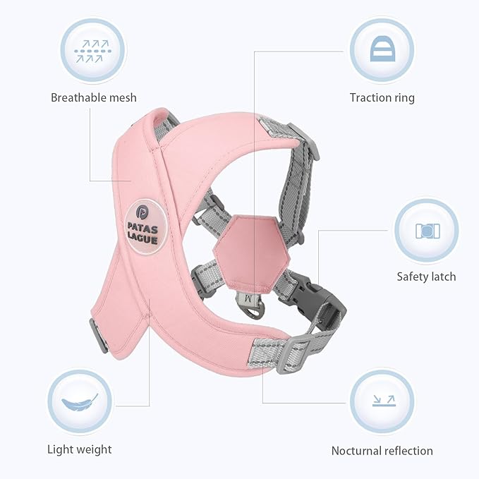 Patas Lague Dog Harness with Leash Set Adjustable Soft Padded Step-in Dog Vest No Choke No Pull Reflective for Small Pets with Poop Bags and Dispenser, Solid and No-chew, Pink XS PatasLague