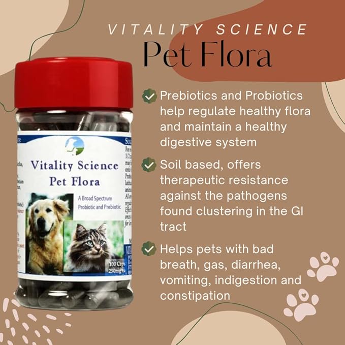 Pet Flora Natural Cat & Dog Gut Health Probiotics | Dog Digestive Supplements | Cat Constipation Relief | Dog Gas Remedy | Daily Probiotic for Dogs & Cats (250 Caps) VitalityScience