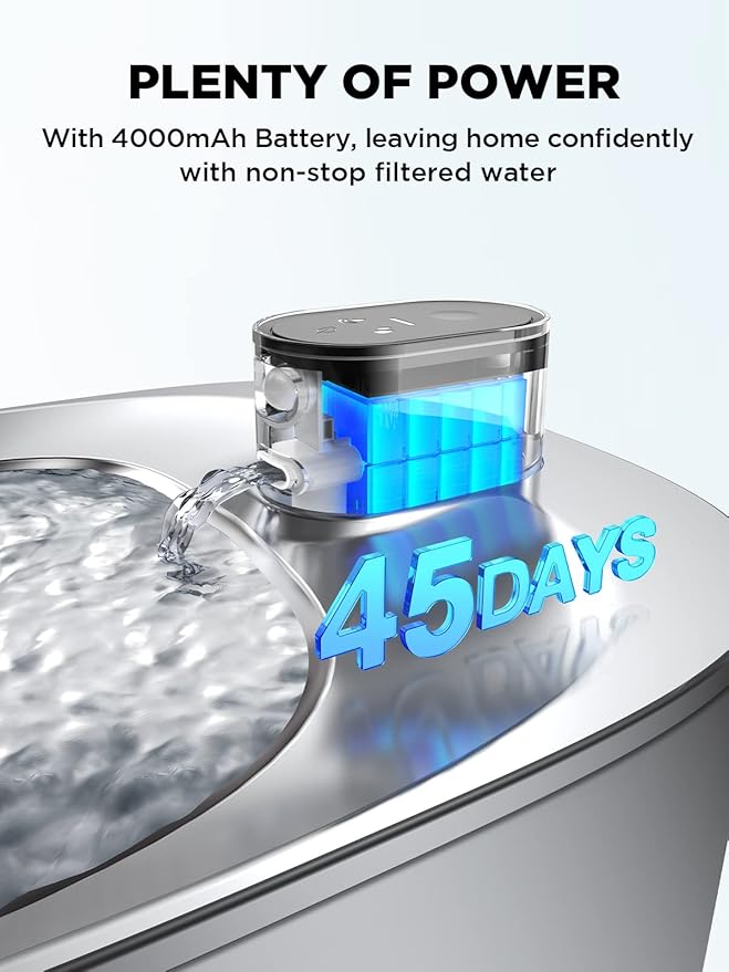 Cat Water Fountain Wireless, Battery Operated, 4L/135fl oz Stainless Steel Pet Water Fountain for Cats Dogs with Motion Sensor, Ultra Quiet Cat Drinking Fountain with 6 Filters (YPD-C004S) - PAWPICO