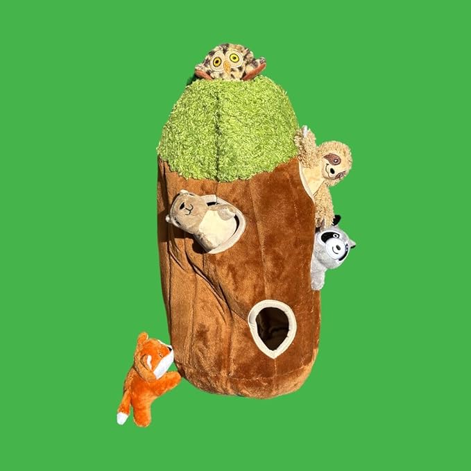 Raccoon in Tree Hide and Seek Dog Toy for Small and Medium Size Dogs, Plush Squirrel Inside Trunk Dog Toy with Squeaker, Interactive Burrow Dog Toy (Large Tree with Raccoon, Fox, Sloth, Squirrel, Owl) - PAWPICO