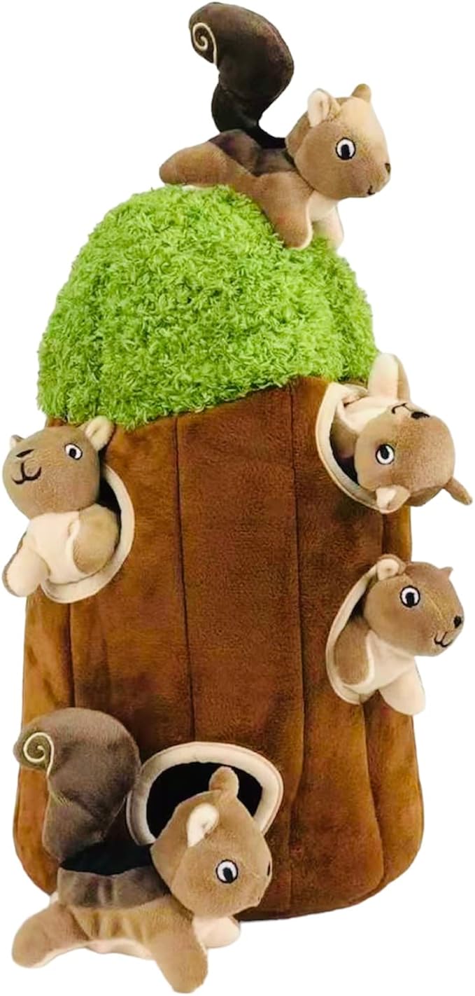Squirrel in Tree Hide and Seek Dog Toy for Small and Medium Size Dogs, Plush Squirrel Inside Trunk Dog Toy with Squeaker, Interactive Burrow Dog Toy (Tree with Squirrels, Large) - PAWPICO
