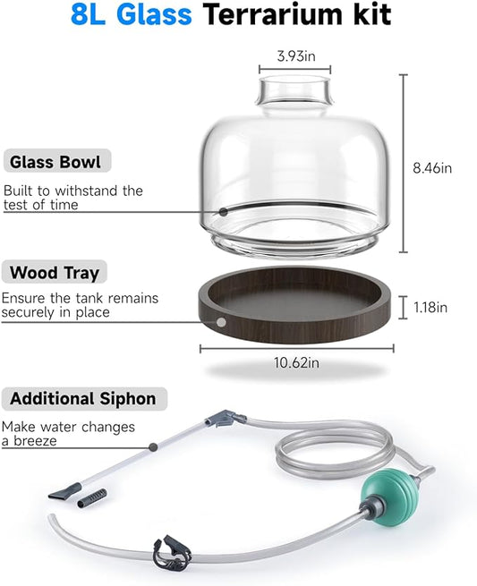 PONDON 2 Gallon Fish Bowl Vase, Featured Aquarium Kit Aquariums Channel, Wooden Base and Water Changer Included PONDON