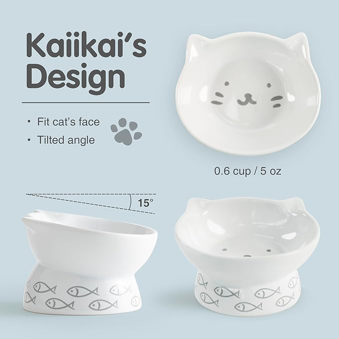 Kaiikai’s Elevated Cat Bowls and Dog Food Bowls 13 oz Ceramic Water Dog Bowls Medium and Small Sized Dog 5 Inch Tilted Cat Water Bowl Raised Cat Food Bowls Dog and Cat Supplies Small Cat Face Bowl - PAWPICO