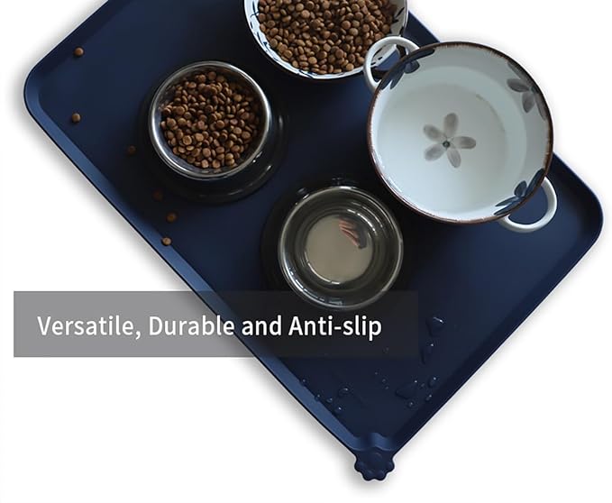 Hoki Found Large Silicone Pet Food Mats Tray - Non Slip Pet Dog Cat Bowl Mats Placemat - Dog Pet Cat Feeding Mat - Waterproof Dog Cat Food Mats -Pet Water Mats for Floors - French Navy,24'' x 16''. - PAWPICO
