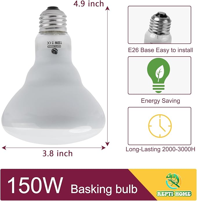 150W Reptile Heat Lamp Bulb,Basking Spot Lamp Bulb for Reptiles & Amphibians,Reptile Daylight Heat Bulb for Bearded Dragon, Lizard, Turtle REPTIHOME