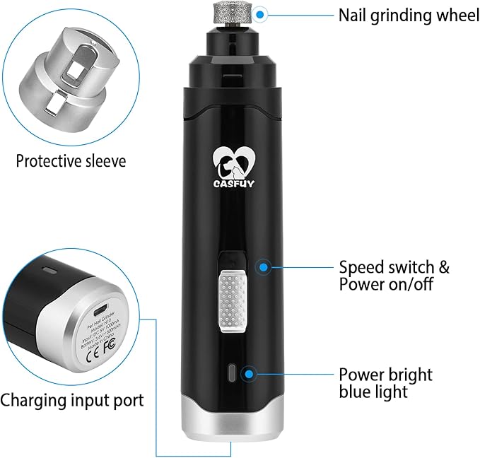 Casfuy Dog Nail Grinder Upgraded - Professional 2-Speed Electric Rechargeable Pet Nail Trimmer Painless Paws Grooming & Smoothing for Small Medium Large Dogs & Cats (Black) - PAWPICO