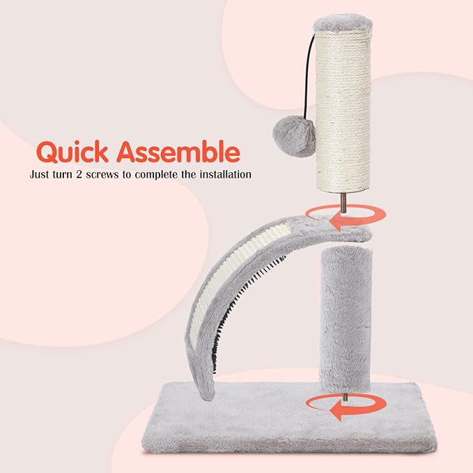 Nobleza Cat Scratching Post for Indoor Cats, Durable Natural Sisal Rope Cat Scratch Post with Cat Self Groomer, Sturdy Cat Scratcher Post for Kittens Small Cats with Funny Hanging Ball, Light Grey - PAWPICO