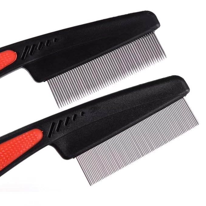 2 Pieces Fine Tooth and Wide Tooth Dog Grooming Comb - Rubber Handle Hair Comb for Small Dogs & Cats with Flea and Tick Removal (2PCS, Black Red) iluadme