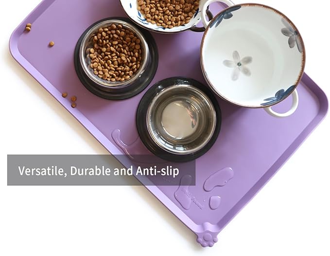 Hoki Found Large Silicone Pet Food Mats Tray with Higher Lips - Non Slip Pet Dog Cat Bowl Mats Placemat - Dog Pet Cat Feeding Mat - Waterproof Dog Cat Food Mats -Pet Water Mats for Floors -Amethyst - PAWPICO