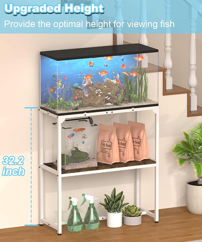 30 Gallon Fish Tank Stand, Upgraded Height Aquarium Stand Table with 2 Tiers Storage Shelf, Metal Reptile Breeder Turtle Terrarium Stand Rack for Home Office, 30" L x 12" W x 32.2" H, White Mondazie