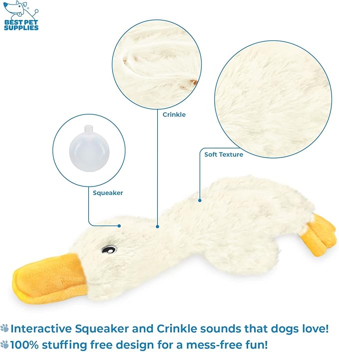 Best Pet Supplies Crinkle Dog Toy for Small, Medium, and Large Breeds, Cute No Stuffing Duck with Soft Squeaker, Fun for Indoor Puppies and Senior Pups, Plush No Mess Chew and Play - White - PAWPICO