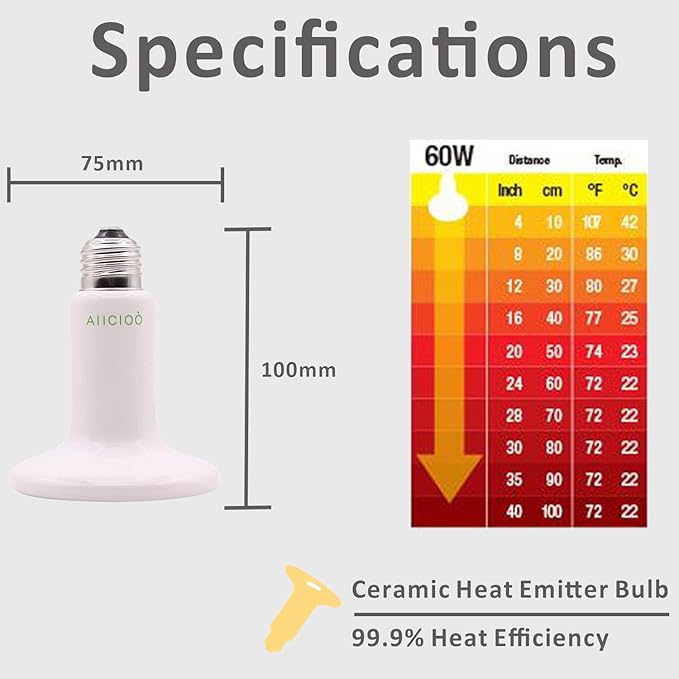 Reptile Heat Lamp Bulb -60W Ceramic Heat Emitter No Harm No Light Infrared Heater Lamp for Chicken Coop Lizard Aquarium Snake Outside Dogs Brooder 110V,White AIICIOO
