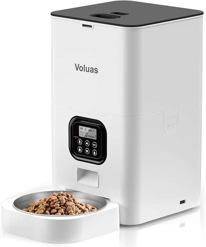 VOLUAS Automatic Cat Feeders - Pet Food Dispenser for Dry Food, Timed Cat Feeder with Desiccant Bag, Programmable Portion Size Control 4 Meals Per Day, 10s Voice Recorder - PAWPICO