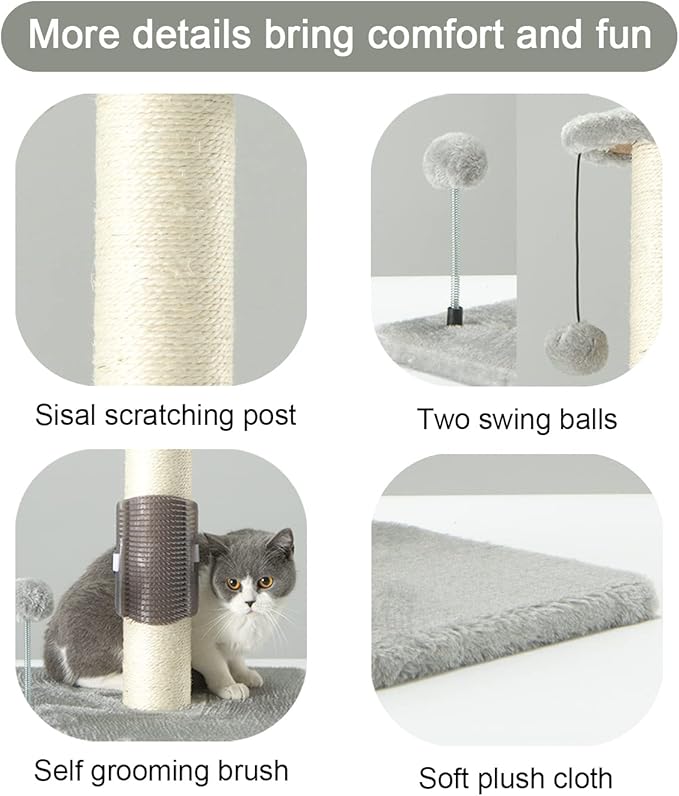 PEEKAB 32" Tall Cat Scratching Post Sisal Scratch Posts with Hanging Ball and Self-Massage Brush Vertical Scratcher for Indoor Cats and Kittens(Light-Gray 32inches) - PAWPICO