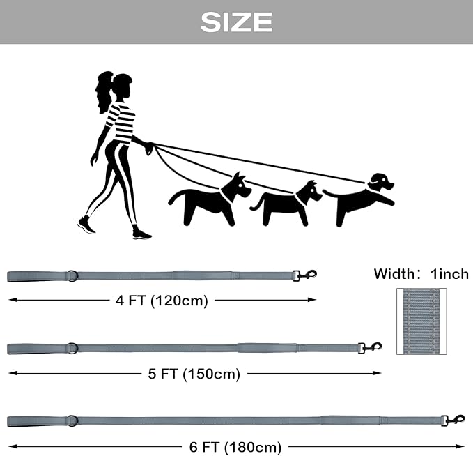 Joytale Dog Leash Heavy Duty for Large Dogs That Pull, Double Handle for Traffic Control, Double-Sided Reflective Leashes for Large Medium Dogs Night Safety, 6FT, Gray Joytale