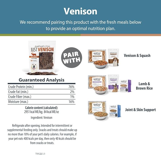 JustFoodForDogs Venison Dog Treats, Single-Ingredient Healthy Dog Treats, Made in The USA, 5 oz - PAWPICO