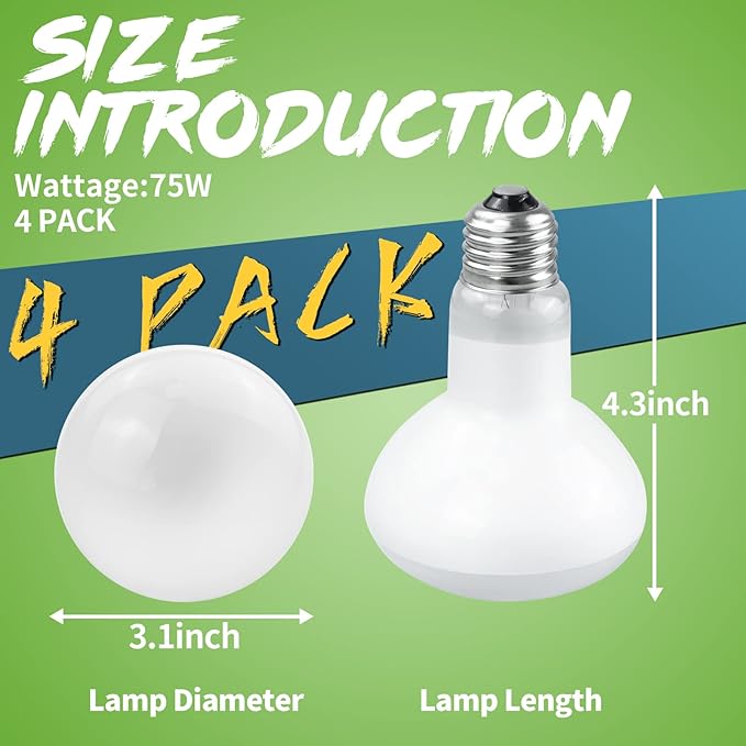 LUCKY HERP 4 Pack 75W Reptile Heat Lamp Bulb (2nd Gen), Amphibian Basking Light Bulb, Reptile Daylight Bulb for Turtle, Bearded Dragon, Lizard Heating Use LUCKYHERP