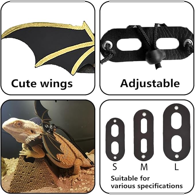 Bearded Dragon Leash - 3 Sizes Pack Reptile Outing Leather Wing Harness for Bearded Dragon Lizard Reptiles (Gold) HOKABLE