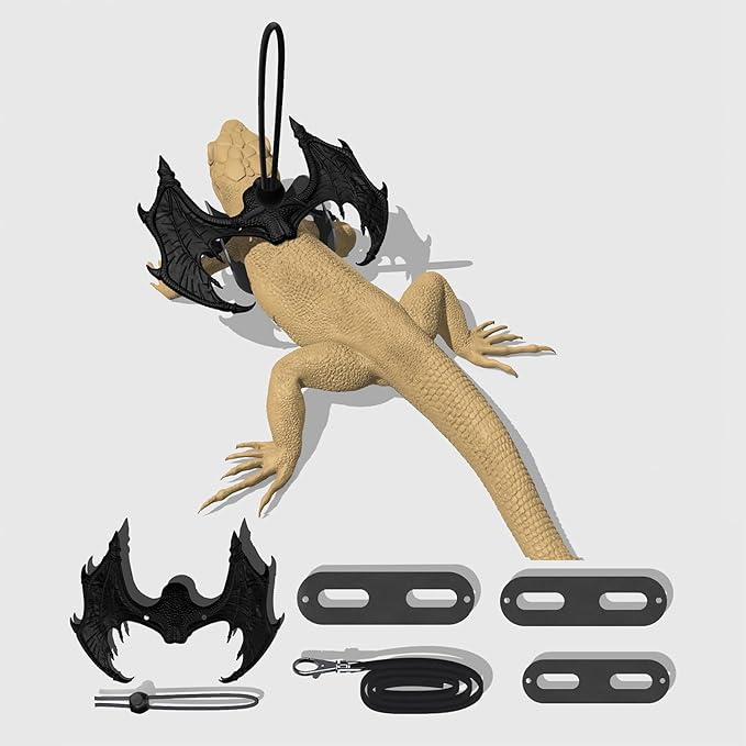 Bearded Dragon Leash and Harness Set Adjustable Design, Bearded Dragon Leash with Wings Silicone,Deal for Amphibians and Other Small Pet Animals(Black) Enrichoice