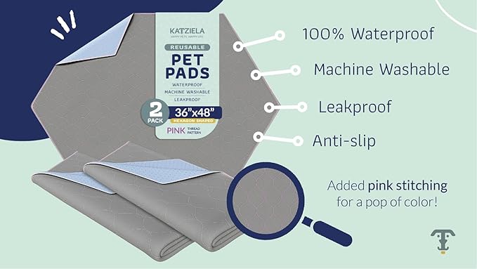 Katziela Washable Pet Pads - (2 Pack 36In x 48In Hexagon) Super Absorbent Waterproof Reusable Dog Pee Pads for Dogs, Washable Puppy Pads for Potty Training, Housebreaking Washable Pee Pads for Dogs - PAWPICO