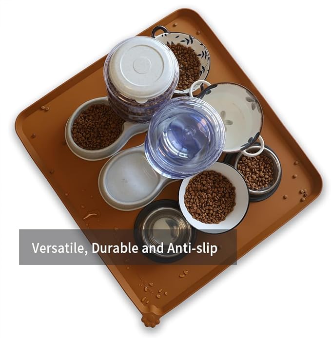 Hoki Found XX-Large Silicone Pet Food Mats Tray - Non Slip Pet Dog Cat Bowl Mats Placemat - Dog Pet Cat Feeding Mat - Waterproof Dog Cat Food Mats -Pet Water Mats for Carpet - Butterscotch - PAWPICO