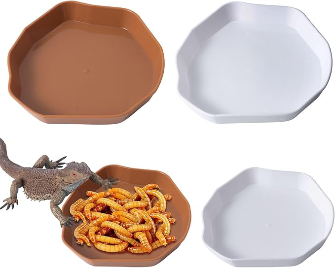 4 Pack Reptile Food Dish Bowl, Plastic Worm Water Dish Plate for Lizard Gecko Bearded Dragon Chameleon, White and Brown, 2 Sizes COMSUN
