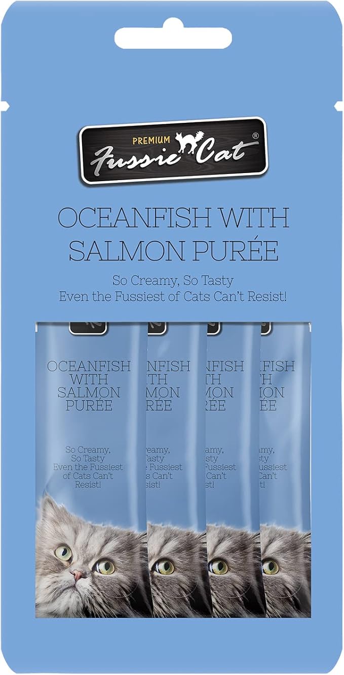 Fussie Cat Ocean Fish and Salmon Puree, lickable cat Treats, 0.5oz Pouch Pack of 4 - PAWPICO