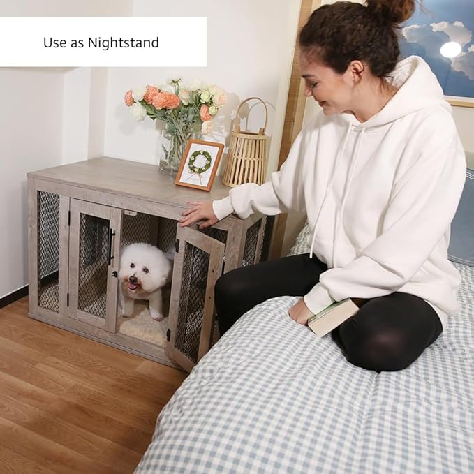 unipaws Dog Crate Furniture, Wooden Dog Kennel for Medium Breed, Indoor Decorative Wood Dog Cage, Inside Side End Table Crate with Removable Tray and Dog Bed, Dog Enclosure, for Dogs Up to 40 lbs - PAWPICO