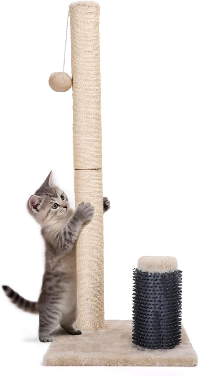 Nobleza 32” Tall Cat Scratch Post with Self Massage Brush, Natural Sisal Rope Cat Scratching Post for Indoor Cats, Stable Cat Scratcher Posts for Kittens Large Cats with Dangling Ball, Light Brown - PAWPICO
