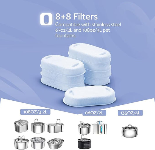 Cat Water Fountain Filters, Replacement Filters for 67oz/2L & 108oz/3.2L Stainless Steel Pet Fountains, Includes 8 Filters & 8 Sponges, Easy to Install and Clean - PAWPICO