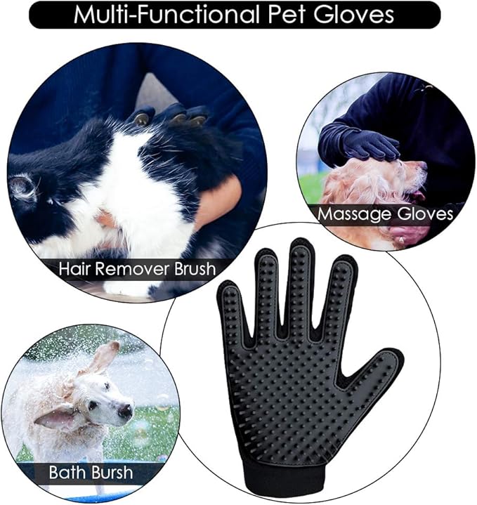 Upgrade Version Pet Grooming Glove - Gentle Deshedding Brush Glove for Dogs, Cats & Horses with Long and Short Fur - Efficient Pet Hair Remover Mitt - Enhanced Five Finger Design - 1 Pair (Black) - PAWPICO