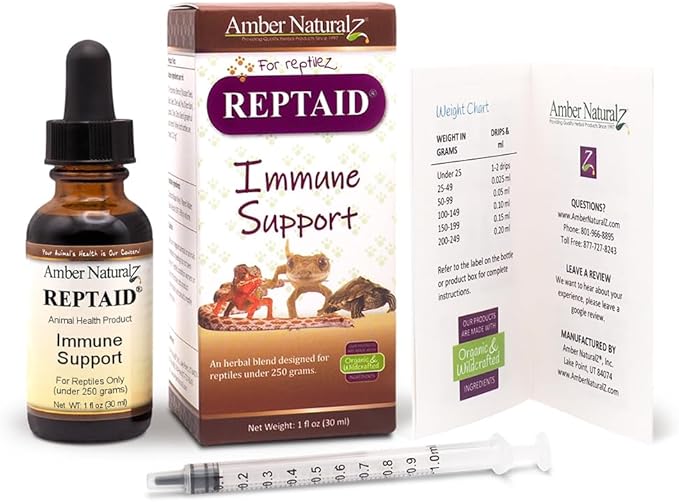 AMBER NATURALZ Reptaid Herbal Supplement for Small Reptiles | Herbal Pet Supplement for Immune Support | for Reptiles Under 250g | 1 Fluid Ounce Glass Bottle | Manufactured in The USA AmberNaturalZ