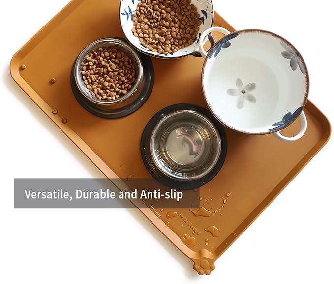 Hoki Found Large Silicone Pet Food Mats Tray - Non Slip Pet Dog Cat Bowl Mats Placemat - Dog Pet Cat Feeding Mat - Waterproof Dog Cat Food Mats -Pet Water Mats for Floors - Butterscotch - PAWPICO