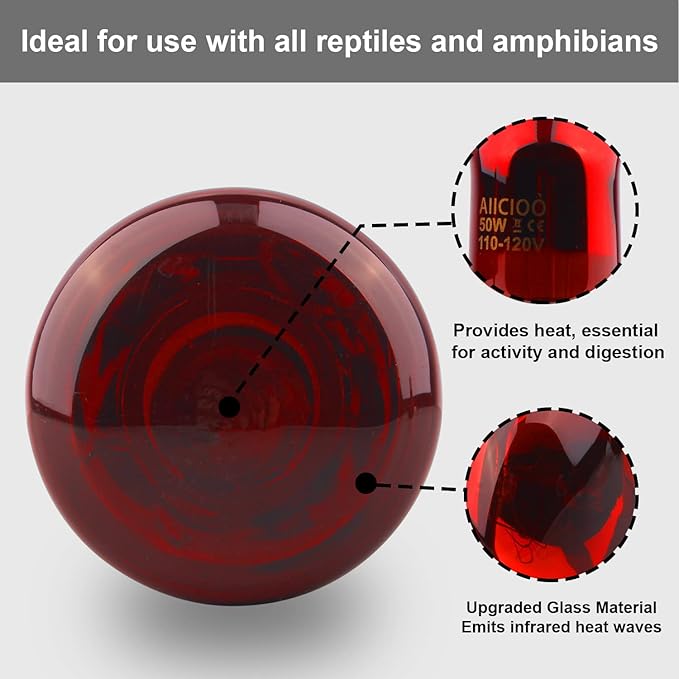 Aiicioo Reptile Red Light Bulb - Reptile Heat Lamp Bulb Infrared Basking Spot Lamp for Bearded Dragon Lizard Turtle Hermit Crab Leopard Gecko Snake Chameleon 50W AIICIOO