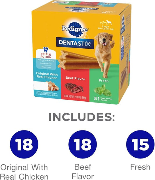 PEDIGREE DENTASTIX Large Dog Dental Care Treats Original, Beef & Fresh Variety Pack, 2.73 lb.Pack (51 Treats) - PAWPICO