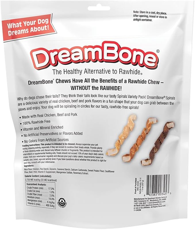 DreamBone Spirals Variety, Rawhide Free Dog Chew Sticks Made with Real Chicken Beef and Pork, 18 Count - PAWPICO