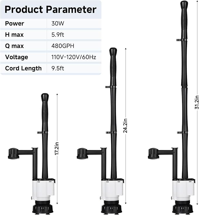 AQQA Fish Tank Cleaner,8-in-1 Electric Aquarium Gravel Vacuum,Clean Sewage+Wash Gravel Sand+Suction Stool+Filter+Water Changer+Water+Water Circulation+Dissolved Oxygen for Turtle Fish Tank 30W/480GPH AQQA