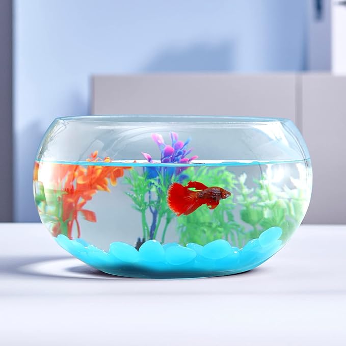 1 Gallon Glass Fish Bowl with Decor, Include Fluorescent Rocks & Colorful Plastic Trees, High White Glass for Clear View, Small Fish Bowl/Aquarium for Betta/Goldfish, Nice Home Décor LAQUAL
