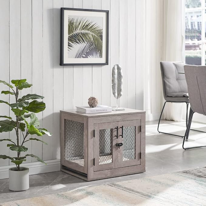 unipaws Dog Crate Furniture, Wooden Dog Kennel for Small Breed, Indoor Decorative Wood Dog Cage, Inside Side End Table Crate with Tray and Dog Bed for Puppy, Cats, Min Pigs, Rabbit, Up to 25 lbs - PAWPICO