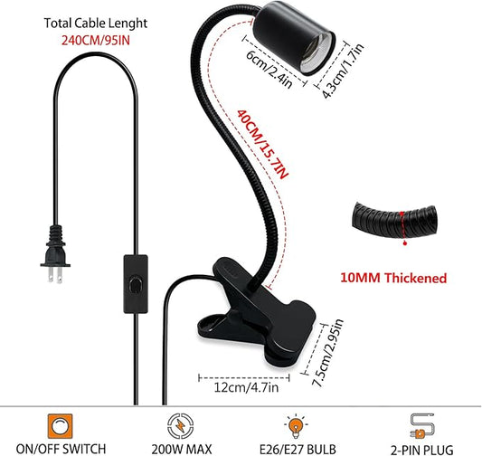 Reptile Heat Lamp 2 Pack Turtle Lamp with 240cm Cord Turtle Aquarium Light with 40cm Stable Gooseneck Turtle Aquarium Tank Heating Lamps with Clamp for Reptiles Lizard Turtle Snake(No Bulb) WTETMYL