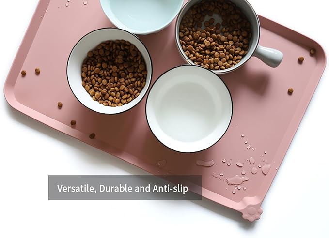 Hoki Found L Silicone Pet Food Mats Tray - Non Slip Pet Dog Cat Bowl Mats Placemat - Dog Pet Cat Feeding Mat - Waterproof Dog Cat Food Mats -Pet Water Mats for Carpet - Neutral Pink - PAWPICO