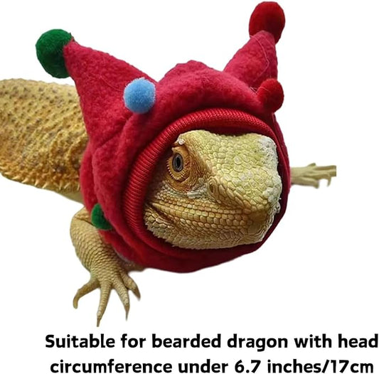 Bearded Dragon Hat - Winter Warm Lizard Cap with Horns & Pom Pom Ball Fun Halloween Outfit Bull Costume Elastic Headwear Accessories Anxiety Relief Ear Muffs for Reptile Fancy Rat Ferret (Red) SEZDEKI