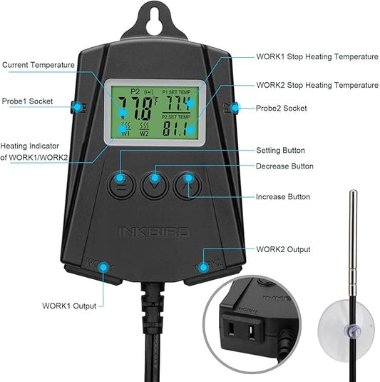 Inkbird WiFi Heat Mat Reptile Thermostat Controller Temperature Controller with 2 Probes and 2 Outlets, IPT-2CH Reptiles Heat Mat Thermostat (Max 250W per Outlet) Inkbird