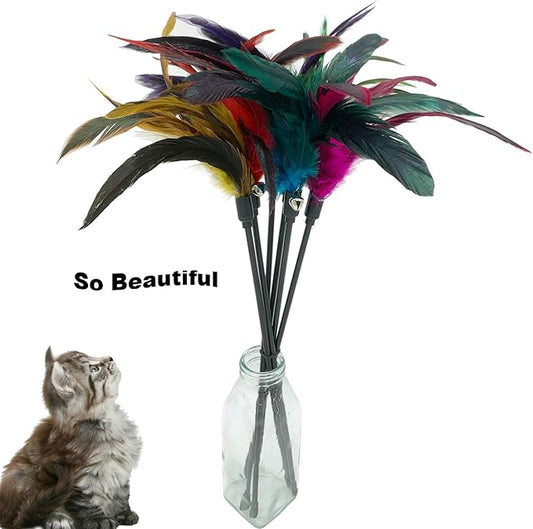 Cat Wand Toy Feather Stick Cat Toys, 6 PCS Cat Feathers Wand Toy, Interactive Cat Toy Feather Wand for Indoor Cats - PAWPICO