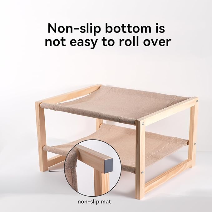 2 Tier Cat Hammock Bed, Elevated Wooden Pet Bunk Beds for Indoor Cats, Double Wooden Cat Bed, Solid Wood Raised Hanging Bed for 1 or 2 Cats Breathable Washable Covers - PAWPICO