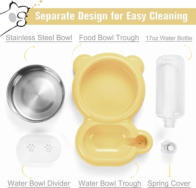 Dog Bowls, Cat Food and Water Bowl Set with Water Dispenser and Stainless Steel Bowl for Cats and Small Dogs - Yellow - PAWPICO